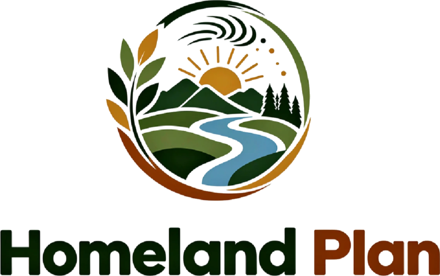 Homeland Plan logo: a river runs through green hills toward a rising sun, inside a circle of leaves.